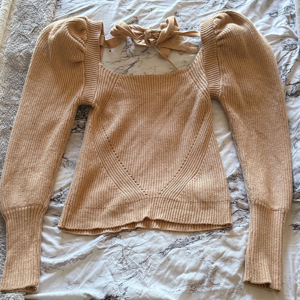 Wayf Beige Off-Shoulder Puff-Sleeve Knit Sweater with Back Tie
